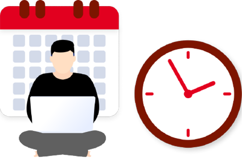 Illustration of a man working on a laptop in front of a calendar, with an illustration of a clock next to him.